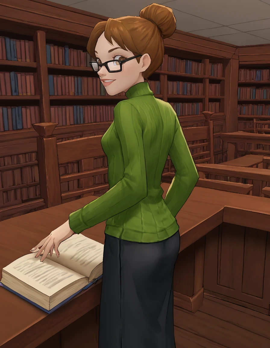 <lora:IonePony1.00:0.8> ione, 1girl, solo, brown hair, brown eyes, hair bun, glasses,small breasts,  green sweater, black skirt,standing,arms from behind,  score_9, score_8_up, score_7_up, score_6_up, score_5_up, score_4_up, looking at viewer, cowboy shot,book,library, smile, holding, sitting,  <lora:Jabstyle_AMXLV1:1> jabstyle