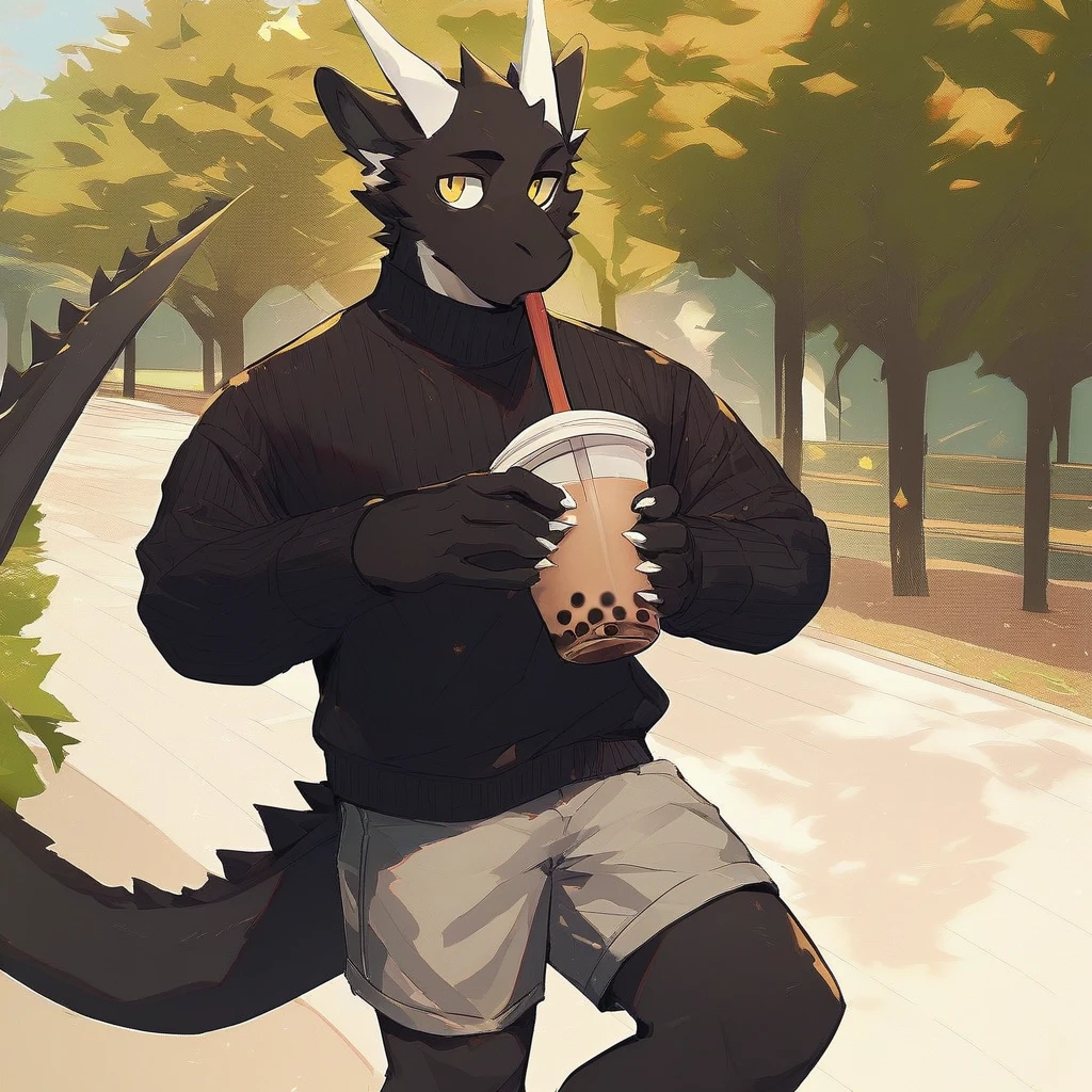 score_9_up, score_8_up, score_7_up, source_furry, mikus-style, black dragon, black body, white horns, yellow eyes, park, holding, bubble tea, black sweater, gray shorts, 1boy, solo