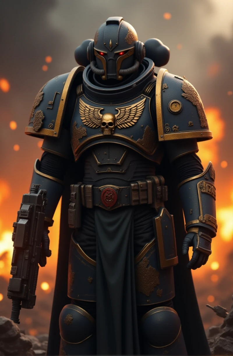 a space marine. he wears an armor with helmet and has the text "CIVITAI" carved in his armor. she is in a battlefield. Explosions, fires and smoke <lora:Space_Marine:0.9>