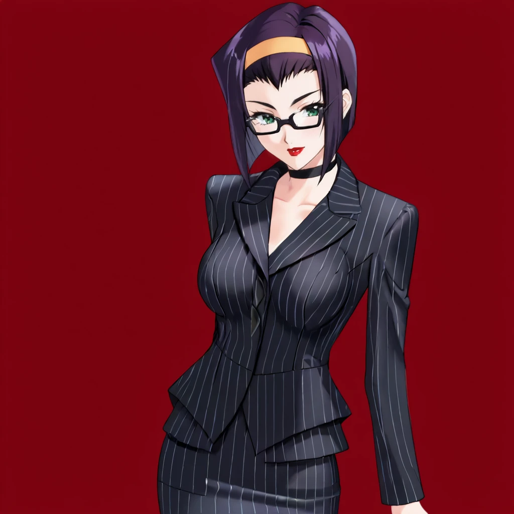 <lora:fayecowboybebop_pony_v1:0.65> Faye, 1girl, solo, purple hair, green eyes, hairband, lipstick, short hair, cowboy shot,  <lora:0856 OL professional suit skirt 1_v1_pony:1> ruanyi0856,striped jacket,choker,black pantyhose,striped skirt,glasses,black skirt,pinstripe pattern