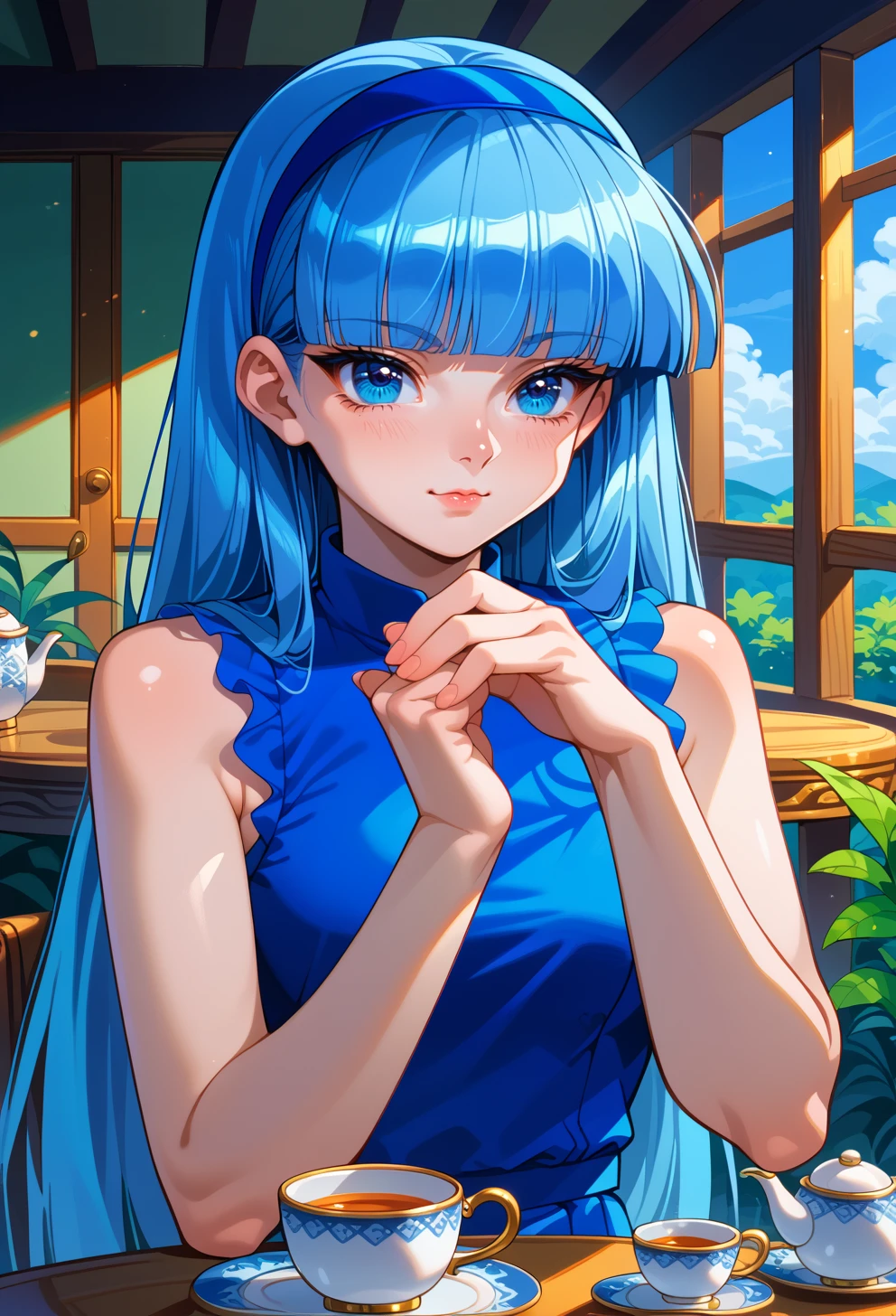 score_9, score_7_up, source_anime, solo, <lora:AEUmi-000009:0.8> BREAK AEUmiDef, blue eyes, blue hair, blunt bangs, long hair, blue hairband,
sleeveless dress, tea set, sitting, table, teacup, teapot, light smile,