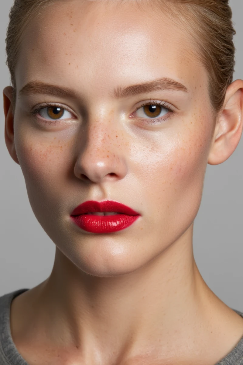 Photograph of a woman's face, close-up, with a neutral expression. She has fair skin with freckles. Her eyes are brown, and she has minimal makeup, except for bold red lipstick. She has a slender face and wears a gray top.  <lora:makeup_art_FLUX_v1-000029:1>