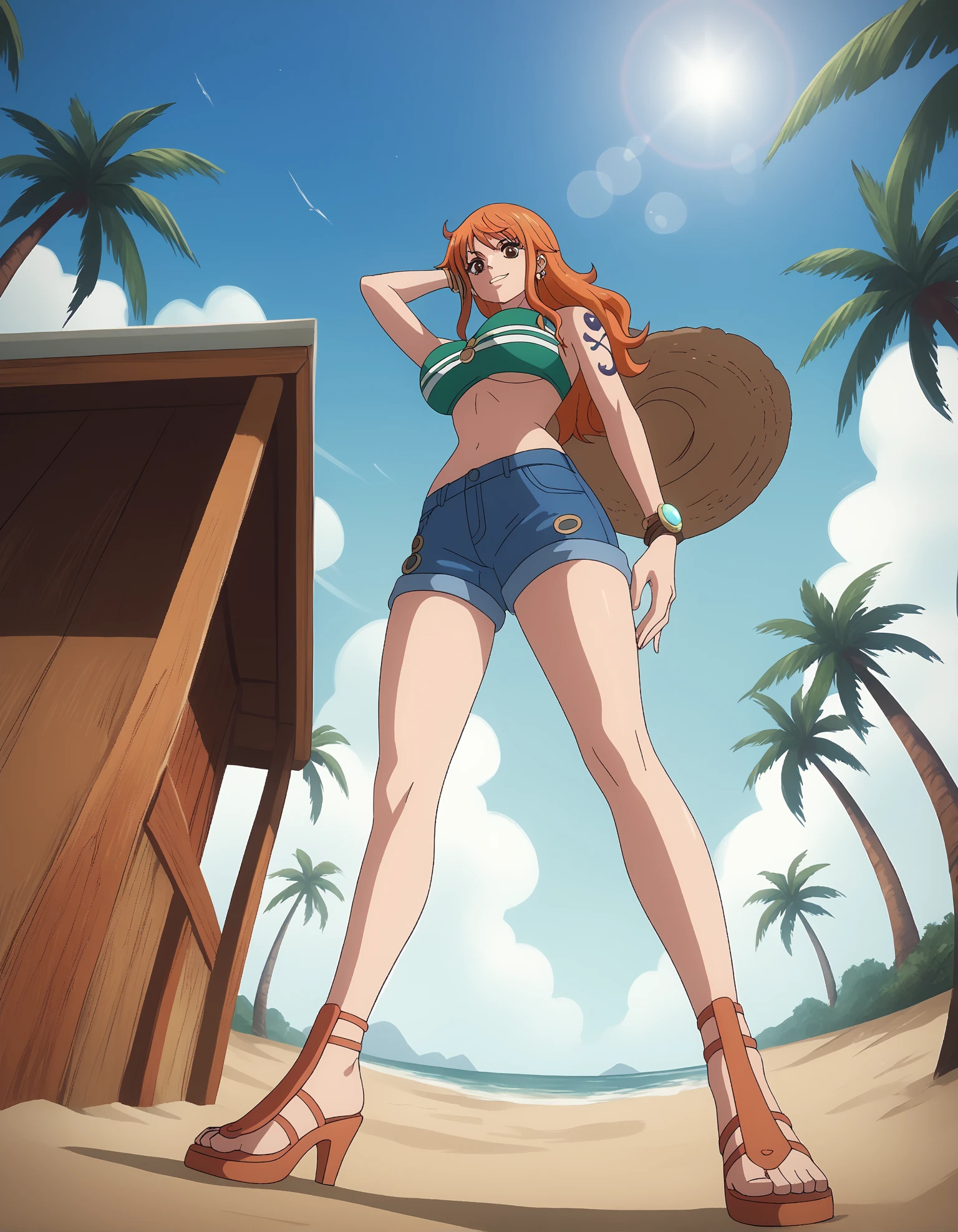 score_9, score_8_up, score_7_up, score_6_up, 
wide angle,
beach,
standing, (low angle:1.2), legs together,
1girl,
nami_post, orange hair, long hair, wavy hair, side locks, brown eyes, large breasts, shoulder tattoo, bikini, green bikini, bikini top only, denim, jeans, bracelet, bangle,
n4mi heels, 
embedding:zPDXLrl ,
embedding:zPDXL2 ,