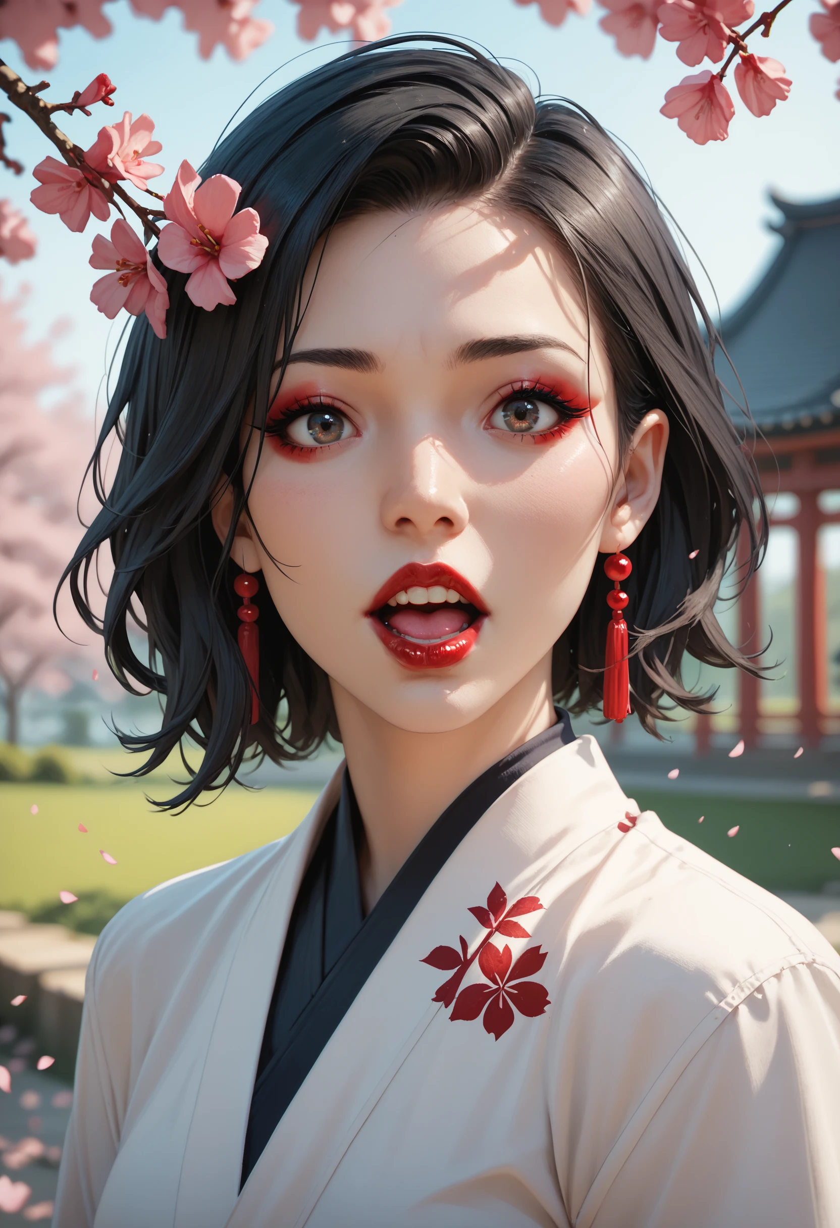 PonyXLV6_Scores 1girl, black hair, blurry, blurry background, blurry foreground, cherry blossoms, colored skin, depth of field, flower, lipstick, makeup, open mouth, red lips, solo, teeth