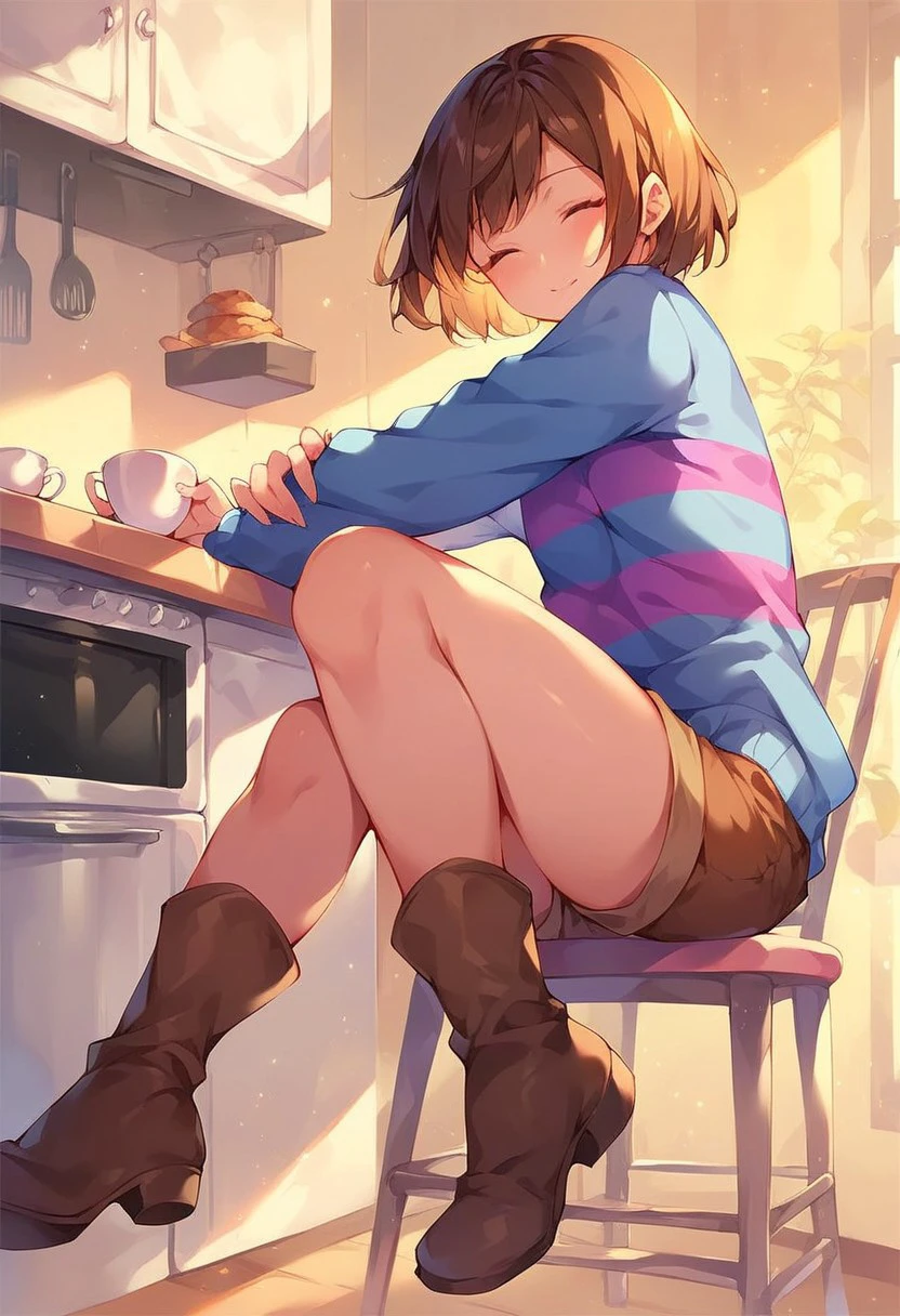 frisk (undertale), score_9, score_8_up, score_7_up, closed eyes, brown hair, brown shorts ,short hair, boots ,cup on arm, sits on a chair, kitchen, high detailed face, looking at viewer,