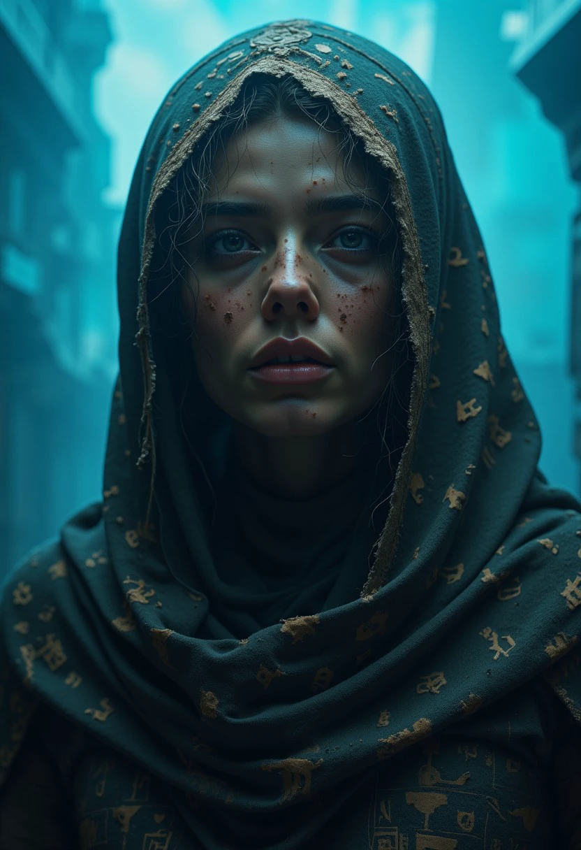 an ancient, cloaked female figure with piercing eyes, face covered in dust and dirt, their face wrapped in fabric adorned with extremely intricate hieroglyphs, set against an abstract, polygonal blue gradient background. The cloth appears worn and frayed, with strands of cobwebs catching the light, evoking a sense of age and decay. The background’s geometric facets shift from light to dark blue, creating a sense of depth that feels cold and detached, as if the figure exists within a frozen, digital void. Every wrinkle, stitch, and symbol on the fabric is detailed, revealing a story etched into the cloth. The icy blues of the background offer a stark contrast, amplifying the figure’s ancient aura. This composition weaves together themes of antiquity and futurism, drawing the viewer into a world where the past is preserved within a crystalline digital space.