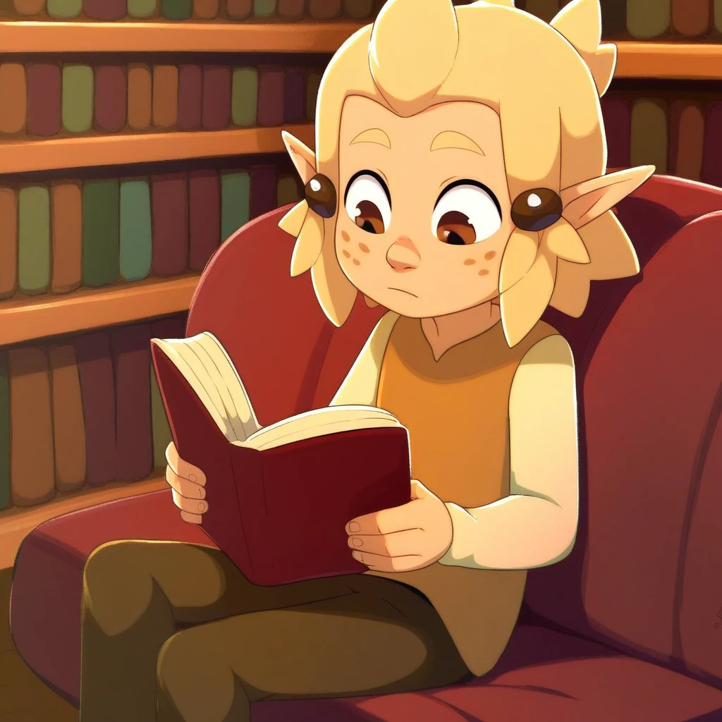 score_9, solo. flopin, 1boy, blonde hair, hair ornament, pointy ears, brown eyes, freckles, long sleeves, pants, sitting, reading, library, cute