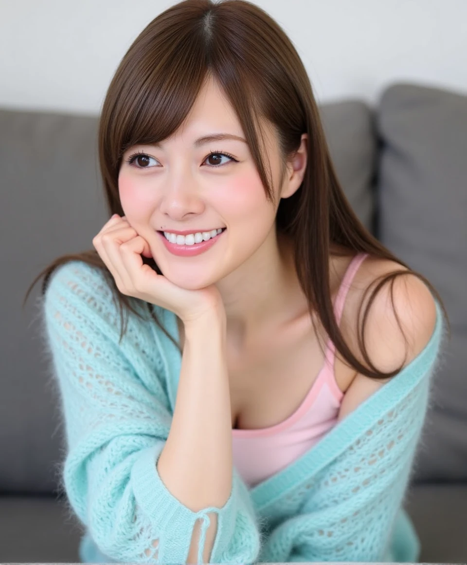 shiraishi, The image is a portrait of a young woman sitting on a gray couch. She is wearing a light blue knitted sweater and a pink tank top. She has long brown hair and is smiling at the camera. Her left hand is resting on her chin and she is looking off to the side with a slight smile on her face. The background is blurred, but it appears to be a living room with a gray wall and a gray cushion. The overall mood of the image is happy and relaxed.