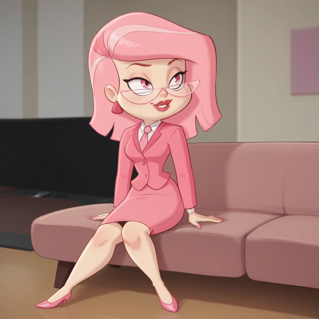 score_9_up, score_8_up, BREAK, MsPink, 1girl, solo, pink hair, pink eyes, glasses, formal, pink suit, pink necktie, pencil skirt, pink high heels,  <lora:MsPink_Kellogg_PXL_Leaf1:0.8>, indoors, sitting on couch, arms at sides,