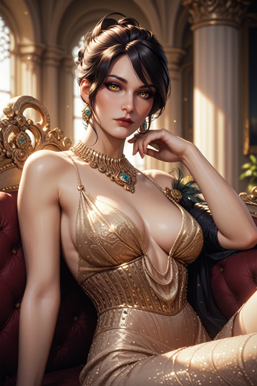 score_9, score_8_up, score_7_up,
<lora:DAMorrigan:0.8>
DAMorrigan, 1girl, black hair, yellow eyes, hair updo, looking at viewer, reclining on a vintage chaise lounge, one arm draped over the back, elegant ballroom with crystal chandeliers, soft ambient lighting, luxurious and sophisticated setting