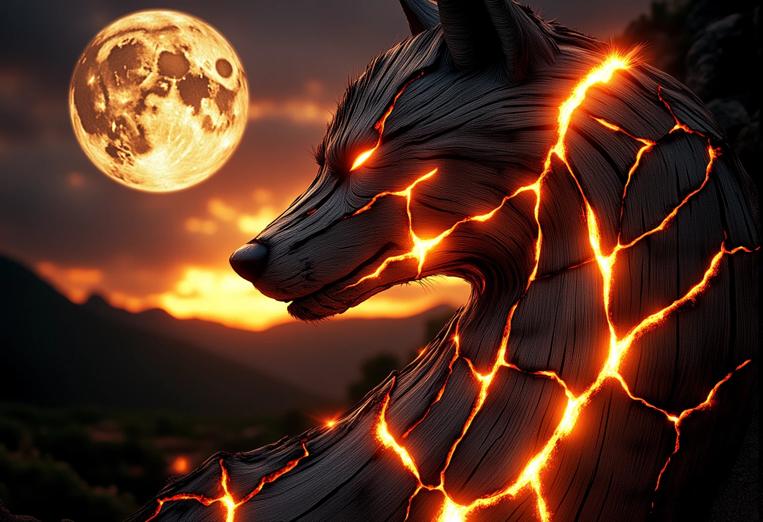 A close-up of a wolf howling at a glowing moon, with barely visible wooden patterns in its fur, casting a faint, warm glow|A close-up of a tree with ember-like veins glowing faintly against a fiery twilight sky, small patches of bark showing faint glowing wood, gently illuminating the scene}|A wide-angle shot of a majestic deer standing in a glowing forest, its fur merging with wooden patterns that glow faintly in the soft light}|A panoramic view of a glowing wooden temple at dusk, with parts of the wooden structure softly glowing, casting gentle light onto the surroundings}|A massive dragon flying over a mountain range at twilight, glowing wooden cracks running along its wings, casting faint light onto the ground below|A mythical phoenix rising from glowing wooden ashes, its feathers lightly adorned with glowing wooden patterns, flickering like embers}} Epic cinematic lighting, soft glowing wood textures, subtle embers, dramatic shadows, backlit glow, high contrast, soft fog, deep focus, ultra-realistic details, vivid colors, high dynamic range, volumetric lighting, breathtaking scale, photorealism, hyper-sharp focus, intricate details, stunning cinematic atmosphere. , <lora:bv-glowing-wood-v1.safetensors:1.0:1.0>