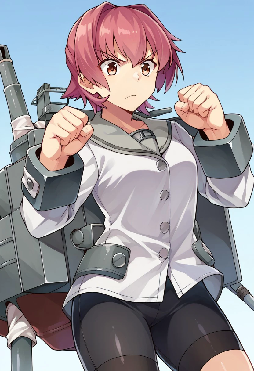 score_9, score_8, score_7, source_anime, kinu (kancolle), machinery, turret, v-shaped eyebrows, clenched hands, grey sailor collar, long sleeves, cannon, shorts, bike shorts