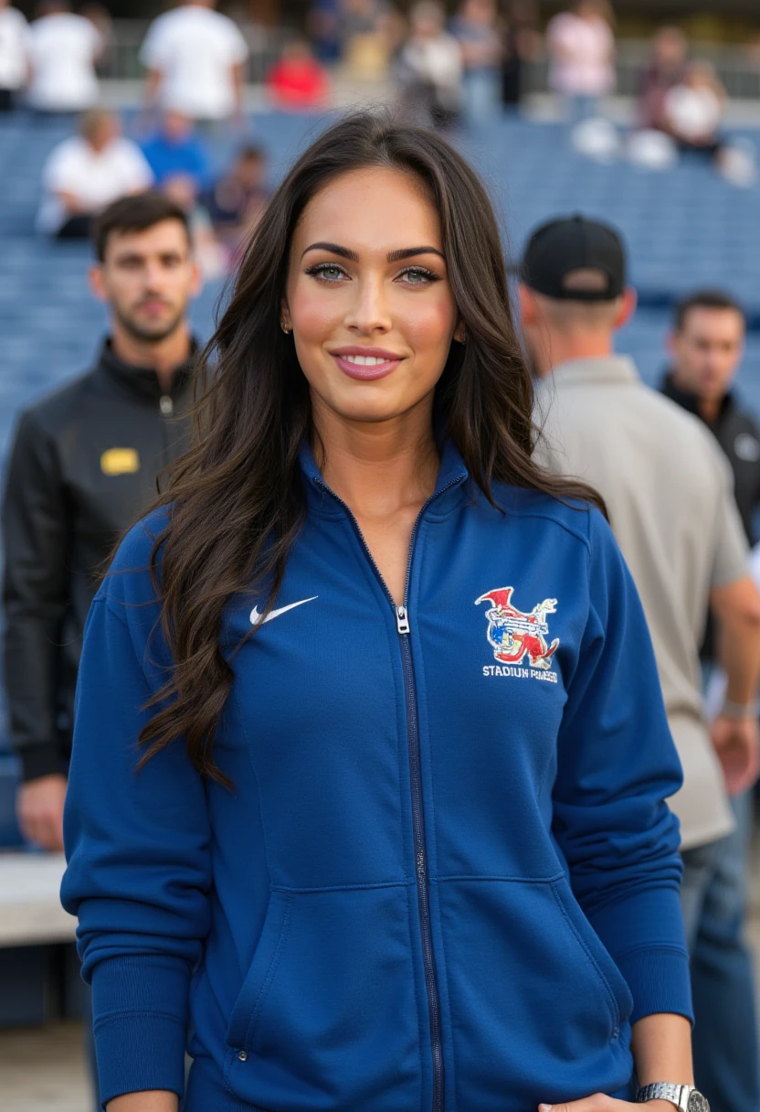 realistic photo of a woman, Zip-Up Sweatshirt at Stadium Sports Event