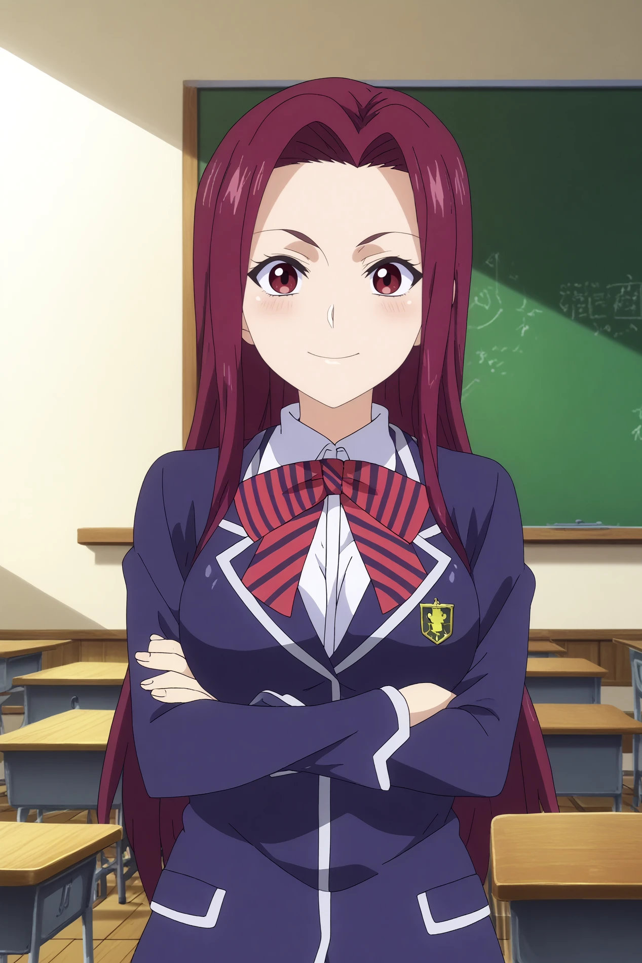  megumi tadokoro,1girl,solo,looking_at_viewer,purple hair, long hair,smile,breasts,school uniform,jacket,stripped bow,smile,blush,crossed arms,upper body BREAK indoors,japanese classroom,classroom,simple decor, organized shelves, neat rows, kanji on the board,windows,blue sky,Wooden floors, low desks, chalkboard, sliding doors, sunlight, quiet, neat rows,cowboy shot   <lora:Sakaki_Ryoko_-_Food_Wars.safetensors:0.8> <lora:detailed_backgrounds_v2.safetensors:0.8>