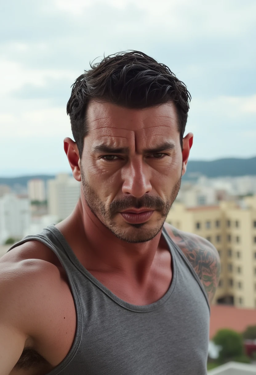 man, facial hair,gray tank top, looking at camera, frontview, balcony of a hotel