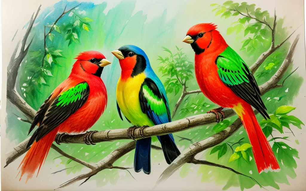 best quality,masterpiece
Scarlet Tanager The male has bright red feathers with black wings and tail, while the female has a duller yellowish-green plumage.
 <lora:oiilpastel_V02:1>  oiilpastel,traditional media, soft color, sketch brush stroke, oil pastel drawing,