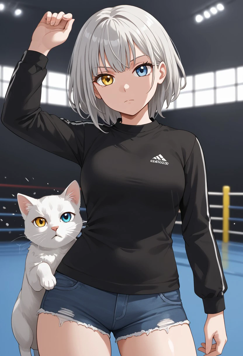 (masterpiece), best quality, expressive eyes, perfect face, raana, white hair, grey hair, (yellow eyes:1.1), (blue eyes:1.1), heterochromia, looking at viewer, olympics, cat on person, holding cat , cat, shooting, indoors, black shirt, long sleeves, shooting range, shooting stance, depth of field, denim shorts, micro shorts, thighs, shoot to viewer, standing, arm at side, olympic rings, expressionless, closed mouth