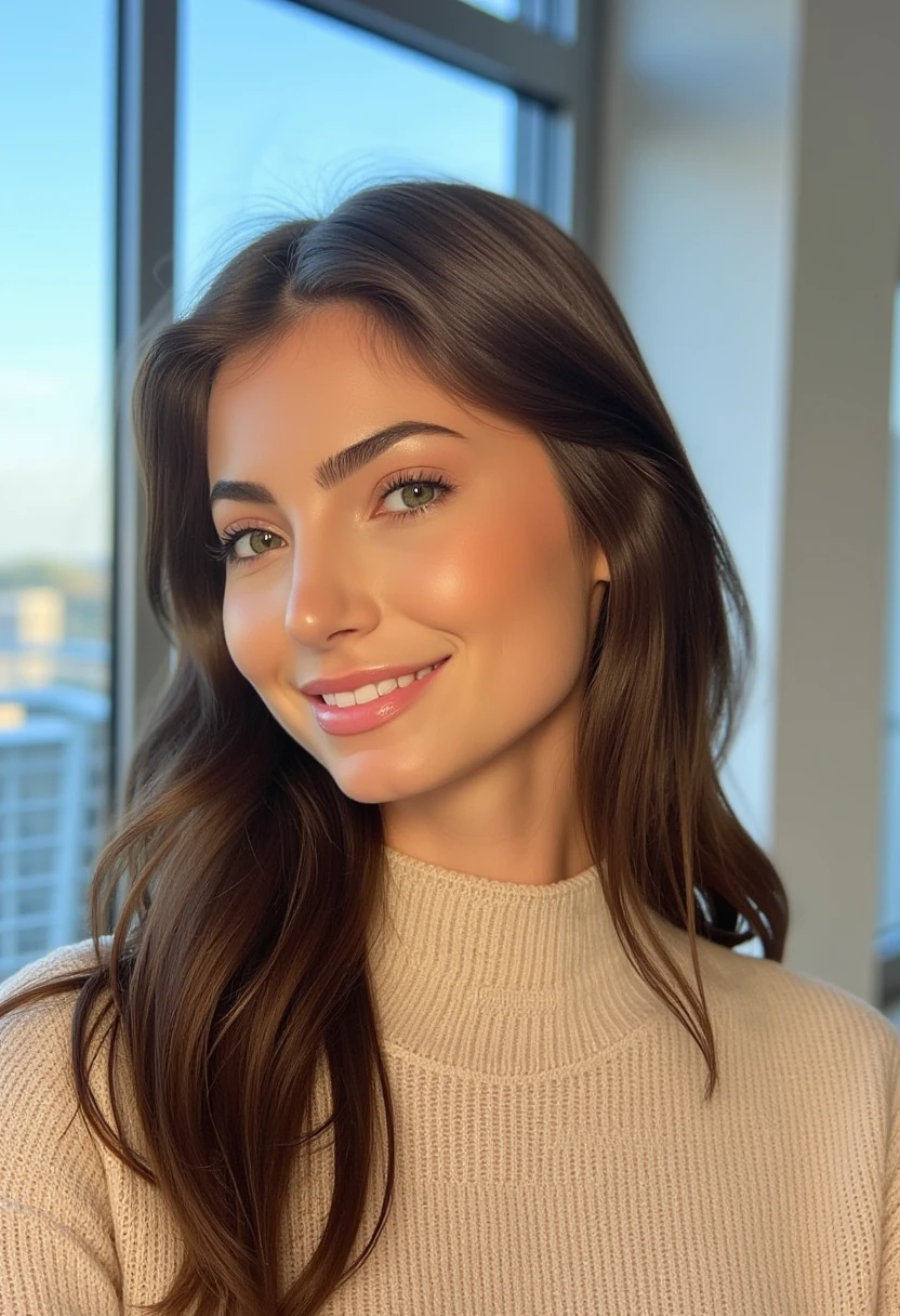 This is a high-resolution photograph of a young woman with a warm, inviting smile. She has long, wavy hair cascading over her shoulders and a clear complexion with a natural glow. Her eyes are mesmerizing, framed by well-defined eyebrows, and she has a slight, confident tilt to her head. She is wearing a light beige, knitted sweater that appears soft and cozy, with a high-neck. The background is softly blurred, suggesting a modern, indoor setting with large windows that let in natural light, creating a bright and airy atmosphere. The windows are slightly out of focus, but you can see hints of blue sky and possibly a cityscape outside. The lighting is even and natural, enhancing the subject's features and creating a serene, intimate mood. The overall composition and style of the photograph emphasize the subject's natural beauty and warmth, making it a candid, yet polished portrait. 4NN4L0U1S3