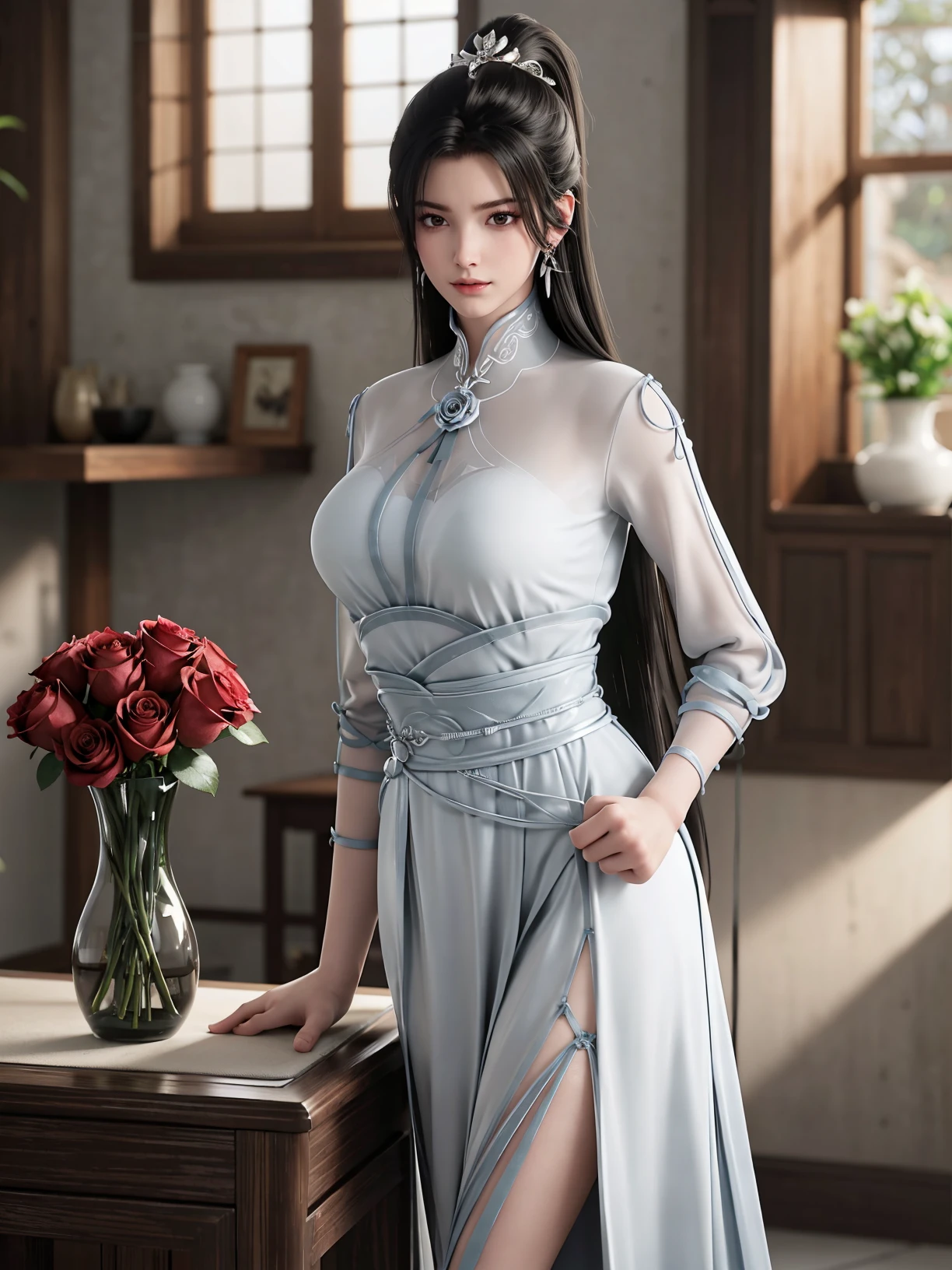 detail clothes,high detail,best quality,8k,absurdres,highres,
<lora:ningyao-gf:0.7>,ningyao,1girl,solo,dress,earrings,large breasts,hair ornament,black hair,closed mouth,expressionless,jewelry,(ponytail:1.1),long hair,(pale skin:1.5),(shiny skin:1.3),(white skin:1.3),looking at viewer,light smile,hand on own hip,
living room,modern sense,marble wall,glass vase,(red rose:1.2),(lots of roses:1.2),perfect light,shiny,glowing,(blight:1.4),shiny,window,morning,
(side slit:1.2),(leaning to the side:1.2),