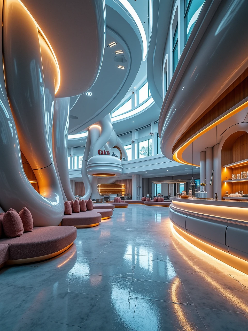 spacebylaushine,futurist-curve space,High perspective,a sci-fi spaceof hotel lobby, which has intricate wall and tiled floor,illuminated by soft light,some modern seated and sofa in center of the space.The long counter desk on the right side.