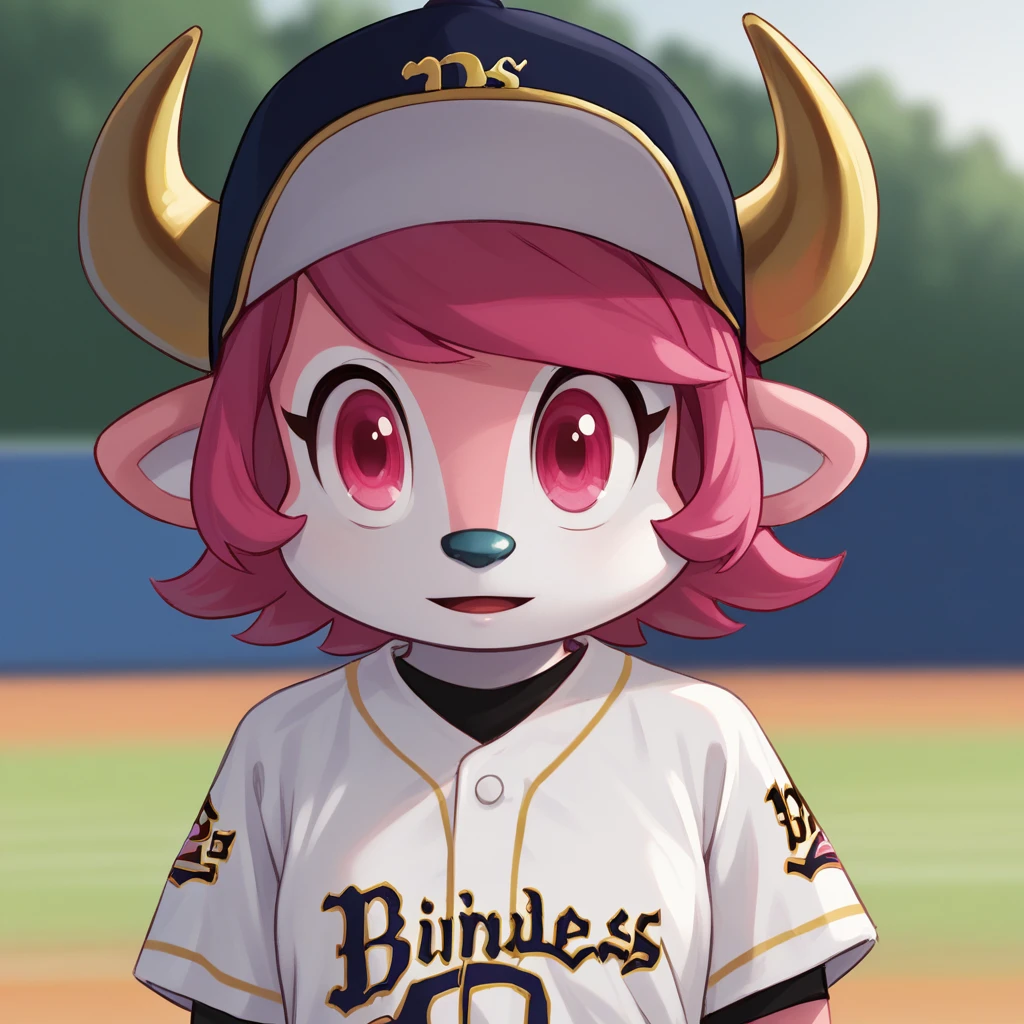 score_9_up, score_8_up, BREAK, BuffaloBell, 1girl, solo, mascot, pink hair, short hair, pink eyes, horns, hat, baseball shirt, upper body,  <lora:BuffaloBell_Baseball_PXL_Leaf1:1>, depth of field,