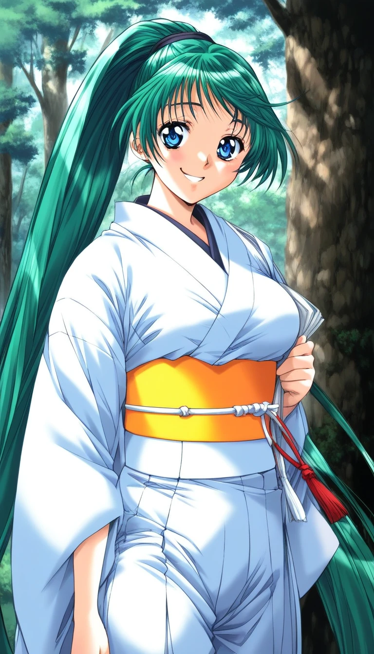 score_9, score_8_up, score_7_up, source_anime, rating_explicit, BREAK  <lora:Narahara_Narumi_XL:1>Narahara_Narumi, green hair, blue eyes, very long hair, ponytail, breasts,
1girl, solo, japanese clothes, nature, forest, white kimono, tree, smile, sash, hakama, outdoors, hakama skirt, Yellow obi