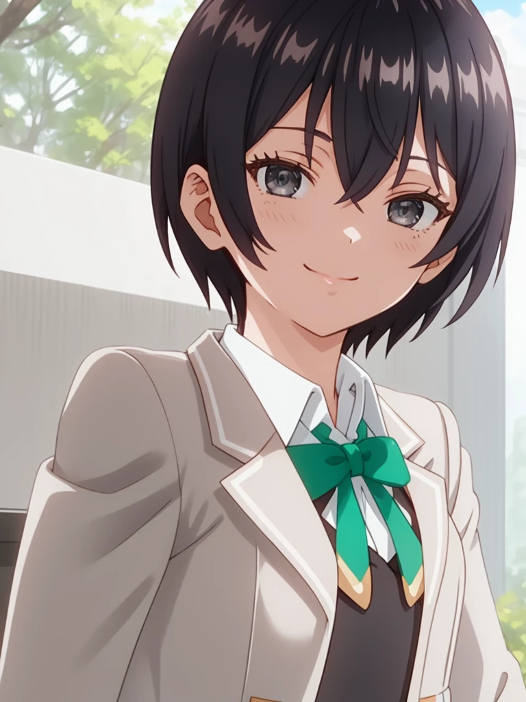 ((masterpiece)),(best quality),official art,extremely delicate and beautiful,extremely detailed CG,unity 8k wallpaper,ultra detailed,beautiful detailed eyes,extremely detailed face,outdoors,1girl,solo,upper body,(portrait:1.5),looking at viewer,facing viewer,smile,blush,Chisaki Sarashina,black hair,short hair,hair between eyes,parted bangs,grey eyes,school uniform,grey jacket,cropped jacket,open jacket,wing collar,green bowtie,black dress,pleated dress,double-breasted,collared shirt,white shirt,medium breasts,long sleeves,white socks,loafers,brown footwear,<lora:Chisaki Sarashina(tsrdta):1.4>,