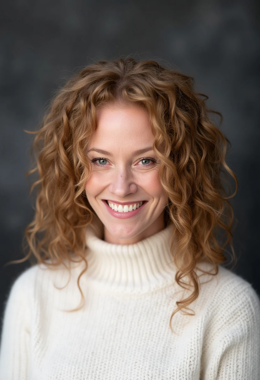 A professional portrait photo of sinavaleskajung, a 40 year old woman. She is smiling widely, showing her teeth. She is wearing a white knit turtleneck sweater. The background is blurry and shows a dark gray professional photo studio canvas.