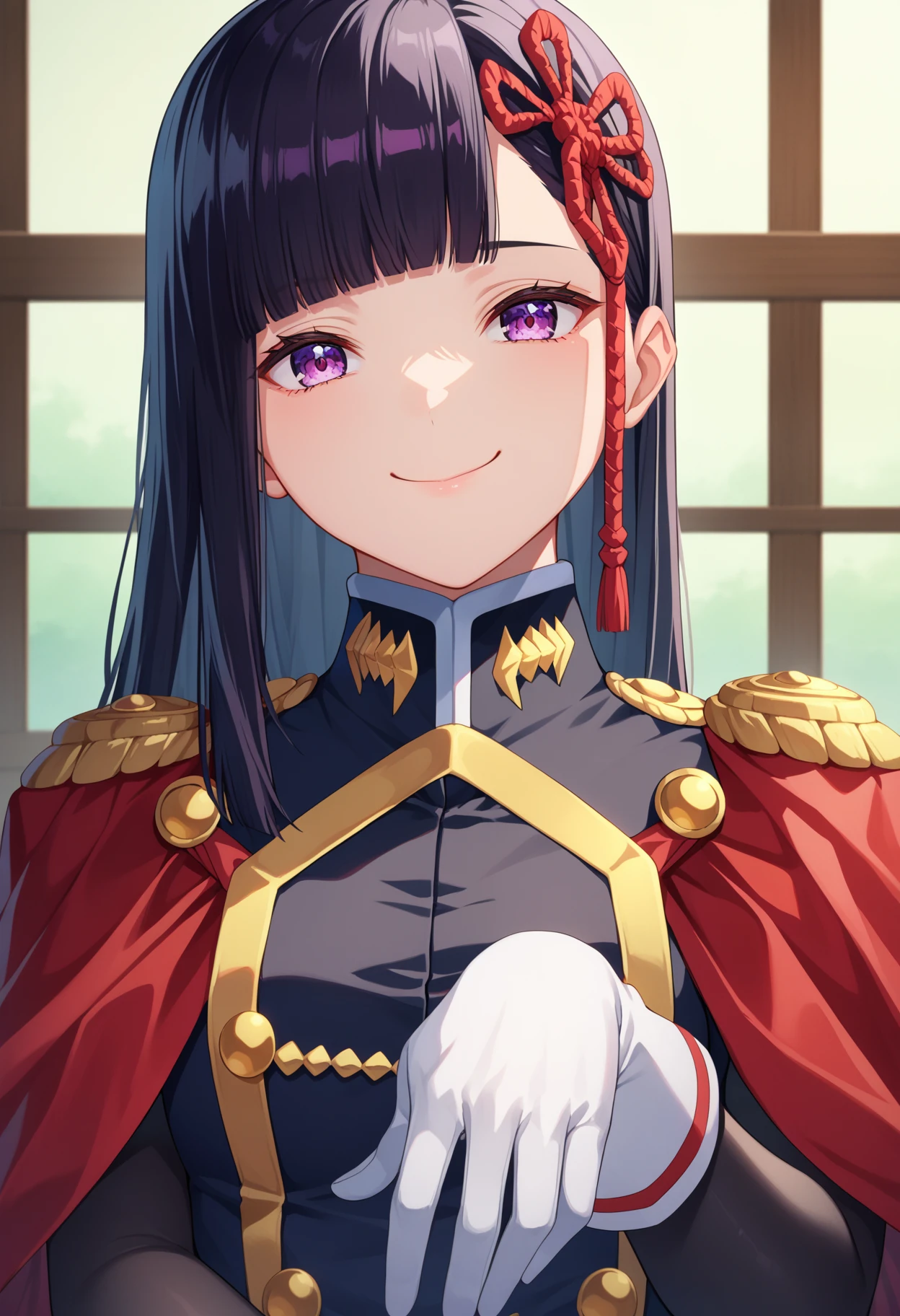 score_9, score_8_up, score_7_up, source_anime, 
BREAK
1girl, solo, 
<lora:shiRenYamishiroAnimeV1:1>,
shirenyamashiro, long hair, black hair, purple eyes, blunt bangs, 
military uniform, white gloves, red cape, black pantyhose, 
looking at viewer, smile, closed mouth,