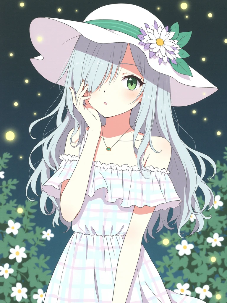 atori, a young woman standing outdoors amidst glowing fireflies. She has long white hair partially covering one green eye, and wears an off-shoulder white frilled dress with a plaid pattern. A white sun hat adorned with a flower sits atop her head, complementing her dress.

Her look is completed with a necklace and a subtle blush on her cheeks. The scene is set against a backdrop of leaves and white flowers, creating a serene and magical atmosphere. Her green eyes gaze directly at the viewer, establishing a connection that draws one into this enchanting portrait.