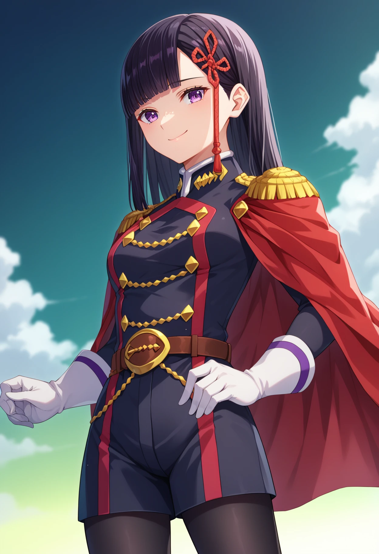 score_9, score_8_up, score_7_up, source_anime, 
BREAK
1girl, solo, 
<lora:shiRenYamishiroAnimeV1:1>, mangastyle,
shirenyamashiro, long hair, black hair, purple eyes, blunt bangs, 
military uniform, white gloves, red cape, belt, epaulettes, 
black pantyhose, 
looking at viewer, smile, closed mouth,