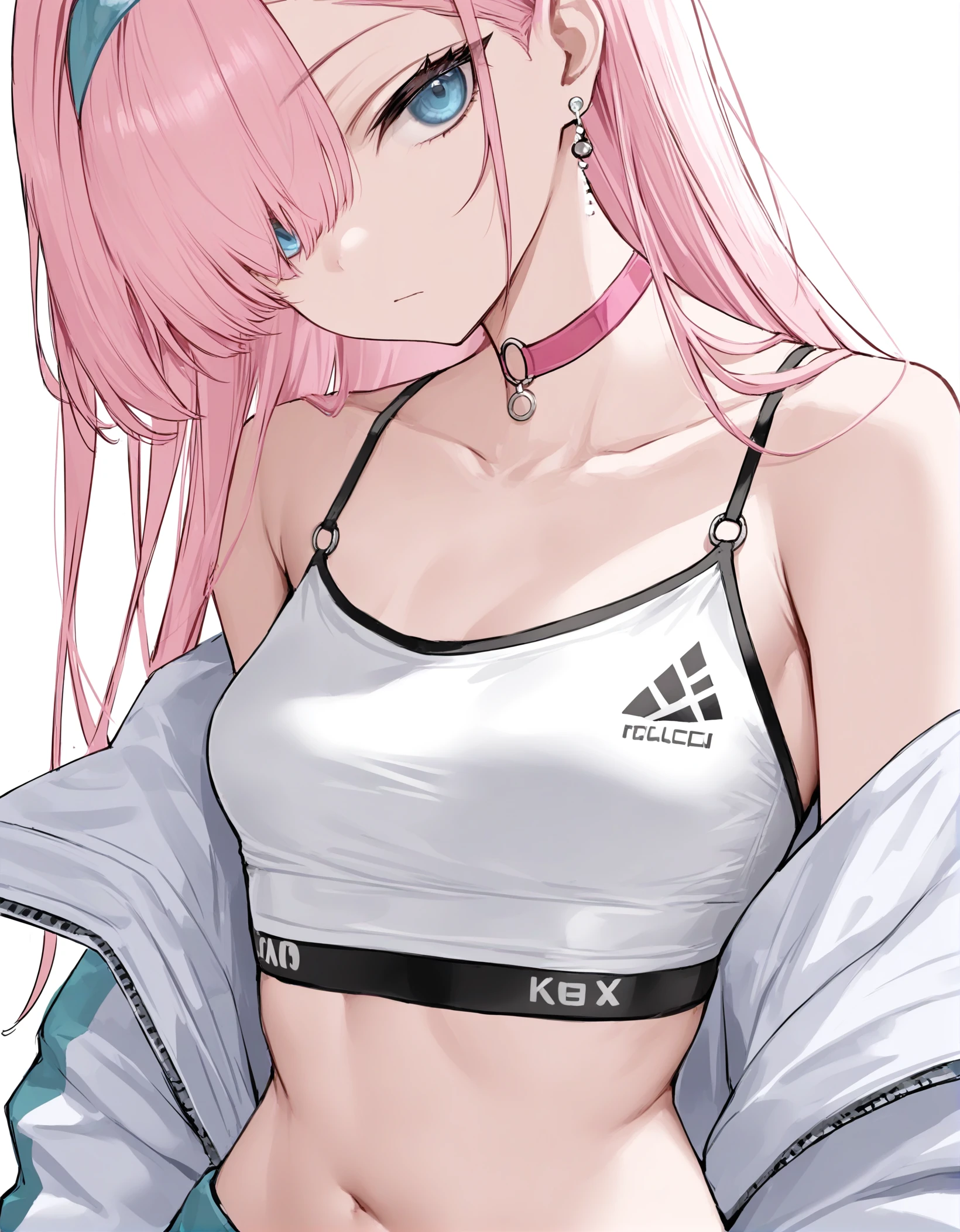 best quality,masterpiece,absurdres,newest,
1girl, solo, pink hair, blue eyes, breasts, white background, off shoulder, hairband, jacket, sports bra, choker, looking at viewer, small breasts, simple background, official alternate costume, bare shoulders, white jacket, hair over one eye, pink choker, spaghetti strap, upper body, earrings, jewelry, long hair, collarbone, midriff, navel, open jacket, open clothes, camisole, bangs, o-ring choker, closed mouth, stomach, o-ring, ,