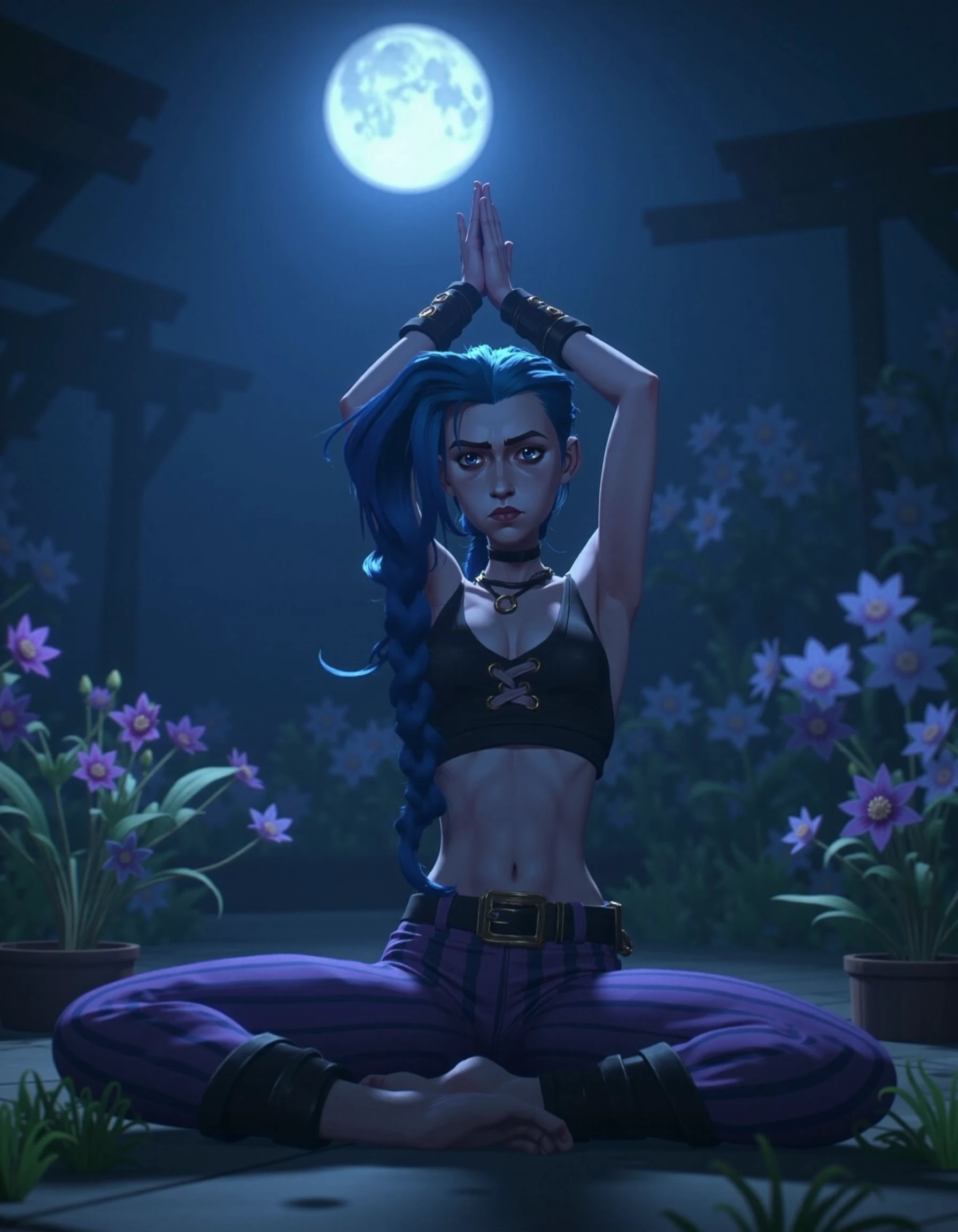 In a moonlit garden, Jinx practices yoga amidst blooming flowers and gentle greenery, capturing a moment of serenity. The cool hues of blues and purples create an enchanting atmosphere, enveloping her in a tranquil glow. Dressed in her form-fitting black crop top and flowing purple striped pants that allow ease of movement, she strikes a graceful pose, her blue braids cascading down her back. The soft light of the moon bathes her in a serene radiance, creating a peaceful moment of mindfulness and connection to both her inner self and the beauty of the natural world.
<lora:Jinx__Arcane-000001:1>