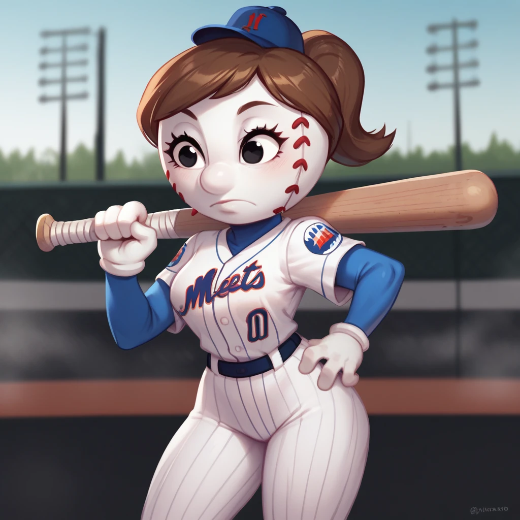 score_9_up, score_8_up, BREAK, MrsMet, 1girl, solo, brown hair, ponytail, black eyes, white skin, hat, baseball uniform, cowboy shot, holding baseball bat, depth of field,  <lora:MrsMet_NewYorkMets_PXL_Leaf1:1>