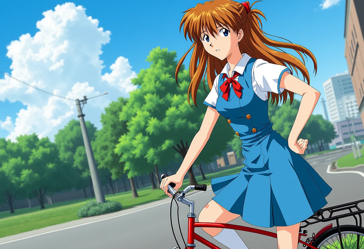 A detailed solo portrait of horaki hikari
Anime style, sharp, high contrast and highly detailed.,.
 <lora:evangelion_asuka_langley_flux_v1_2-000010:0.9> ppasuka
She wears tokyo-3 middle school uniform, consisting of a light blue pleated skirt and a white short-sleeved blouse with blue detailing along the vest area. The blouse has a red ribbon tied at the collar, adding a cute and vibrant element to the look. The skirt is high-waisted, with two buttons fastening it at the waist, enhancing the figure. She is riding on a red bicycle in a park under blue sky and white clouds.