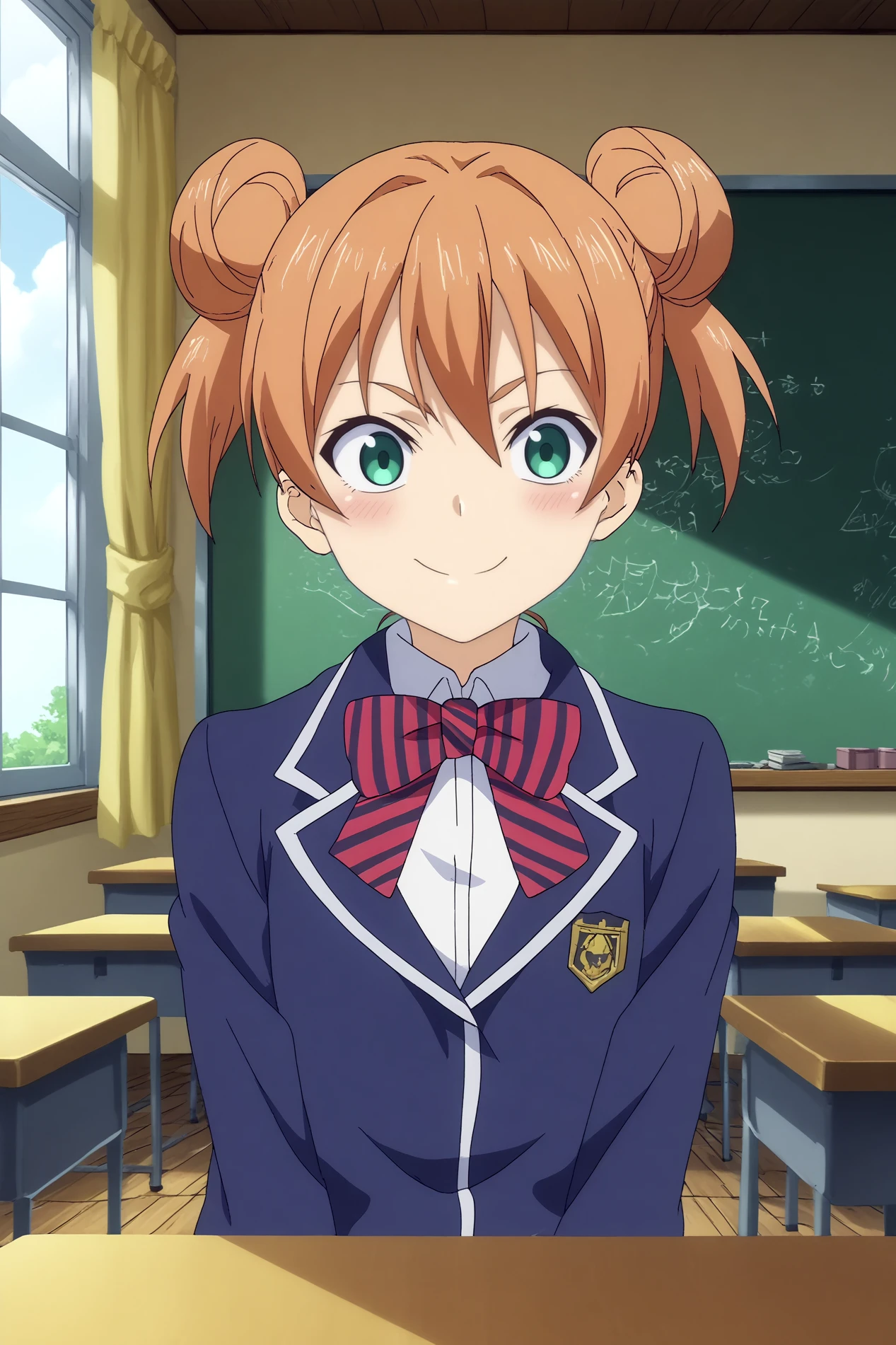  yuki yoshino,1girl,solo,looking_at_viewer,smile,blush,upper body,double bun,hair bun,school uniform,short hair,jacket,stripped bow,bow,twintails BREAK indoors,japanese classroom,classroom,simple decor, organized shelves, neat rows, kanji on the board,windows,blue sky,Wooden floors, low desks, chalkboard, sliding doors, sunlight, quiet, neat rows,cowboy shot   <lora:Yuki_Yoshino_-_Food_Wars.safetensors:0.8> <lora:detailed_backgrounds_v2.safetensors:0.8>