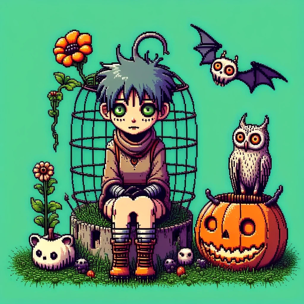 scarf, pumpkin, blue hair, ambiguous gender, one-eyed, from side, owl, cage, thigh boots, animal ears, black gloves, claws, antennae, hair ornament, bat ears, bald, halloween bucket, green eyes, sleeves rolled up, flower, grass, upper body