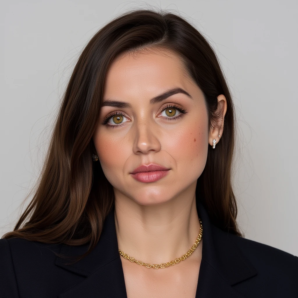 High quality passport photo of a woman with long straight hair (middle parted) wearing a suit and tie looking directly at the camera with her mouth closed and a neutral expression. She is also wearing a delicate gold chain and some understated diamond earrings., <lora:anarmas_local_v2_large-merge_41v1_11v3_04_06_05_11v4_05:1>