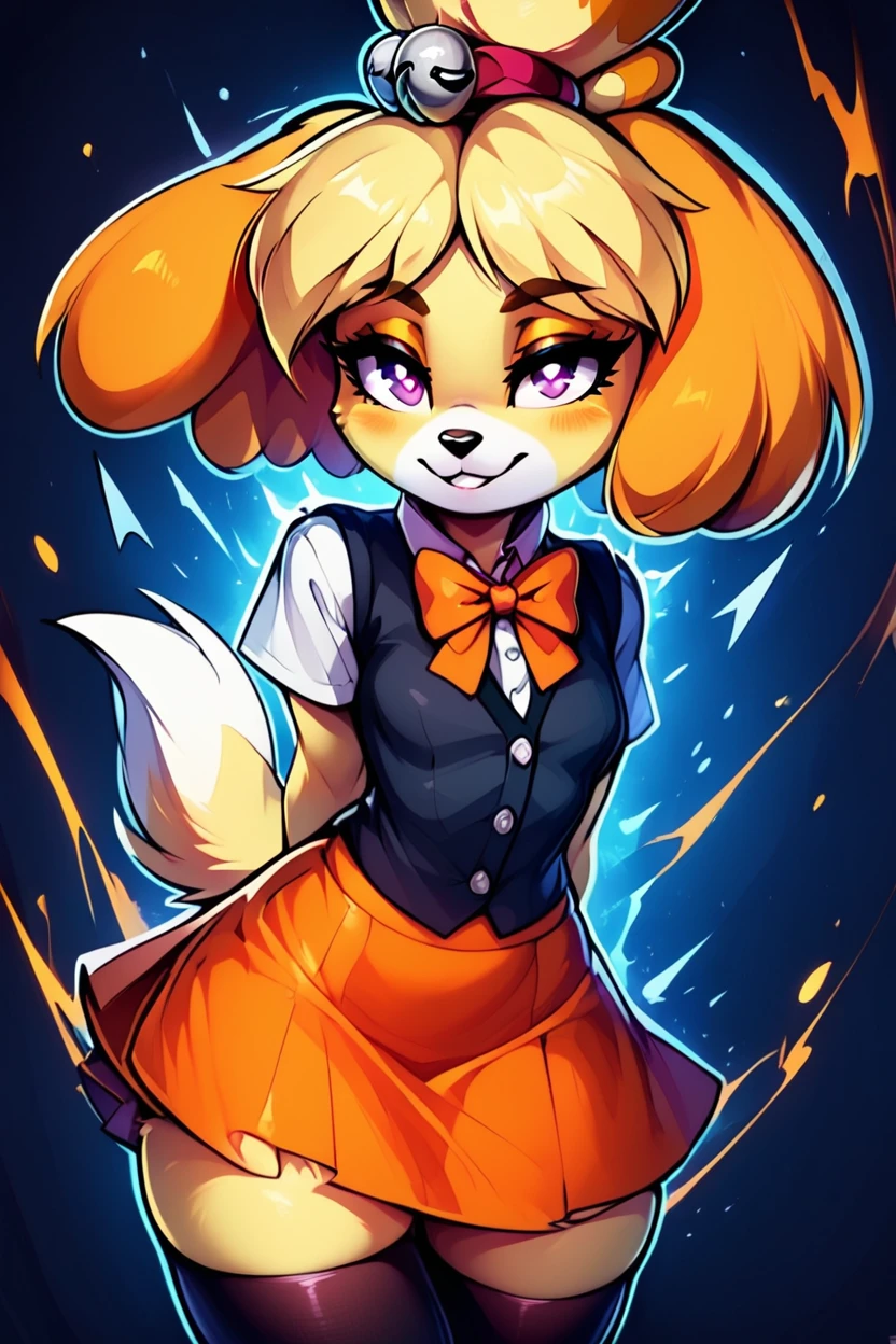 score_9, score_8_up, score_8, medium breasts, (curvy), cute, eyelashes,       BREAK, ,  zzFallIsabelle, short hair, blonde hair, animal ears, bow, furry female, dog girl, topknot, purple eyes, skindentation, animal nose, bright pupils, furry,  black vest, orange skirt, orange bowtie,  white shirt, short sleeves, collared shirt, black thighhighs,  <lora:FallIsabelle_PDXL_v2:0.8>, BREAK, embedding:zPDXL, Expressiveh, ,,, <lora:EnergyCAT:1.0>, solo, smile, looking at viewer, aura, blue sky, ,,, <lora:SDXLFaeTastic2400:0.5>, <lora:Expressive_H-000001:0.4>,