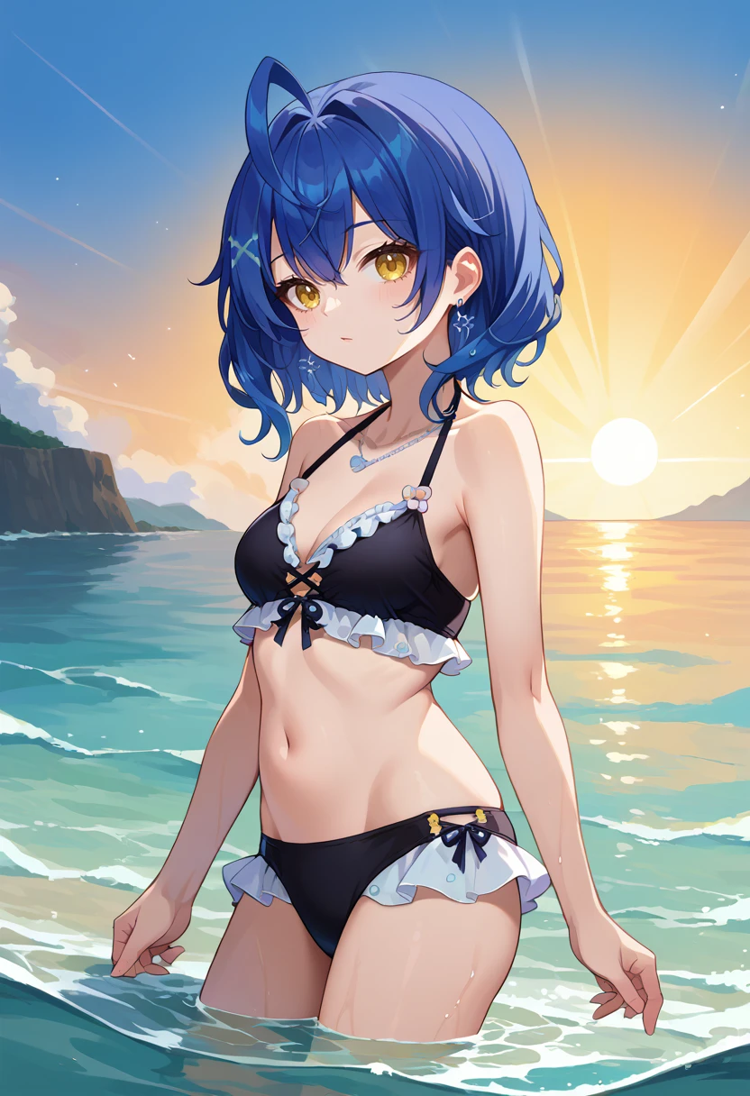 score_9, score_8_up, source_anime, 1girl, solo, KokoroSmmr, yellow eyes, blue hair, medium hair, ahoge, x hair ornament, earrings, necklace, frilled bikini, black bikini, outdoors, wading, ocean, sun, light rays, <lora:ChamAmamiyaKokoroPonyXL:1>