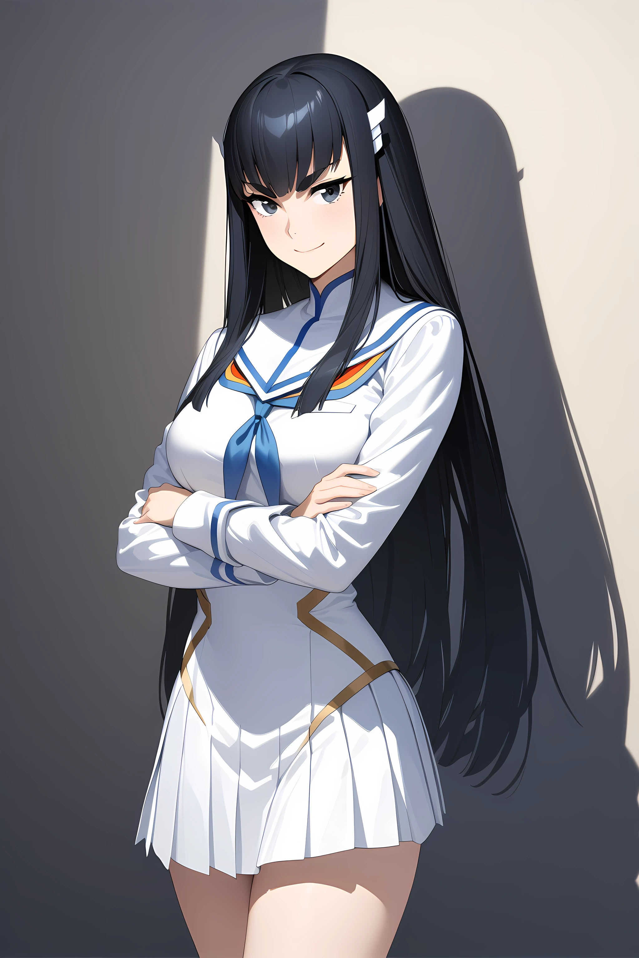 kiryuin_satsuki, black hair, long hair, schooluniform, white uniform, black eyes, cowboy shot, crossed arms, smile, <lora:Kiryuin_Satsuki_-_Kill_La_Kill:1>, (masterpiece),(best quality),(ultra-detailed),(best illustration),(best shadow),(absurdres),(detailed background),(very aesthetic),