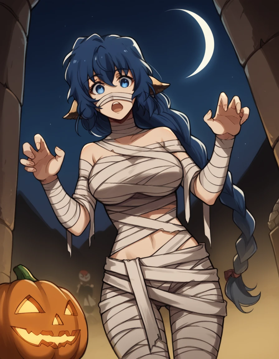 score_9, score_8_up, score_7_up, source_anime, <lora:utawarerumono-karura-s2-ponyxl-lora-nochekaiser:1>, karura, blue hair, animal ears, blue eyes, long hair, braided ponytail, large breasts,, <lora:mummy-costume-ponyxl-lora-nochekaiser:1>, mummy costume, bandages, halloween costume, bandaged arm, zombie pose, bandage on face,, desert, moon, night, open mouth, , dutch angle, cowboy shot