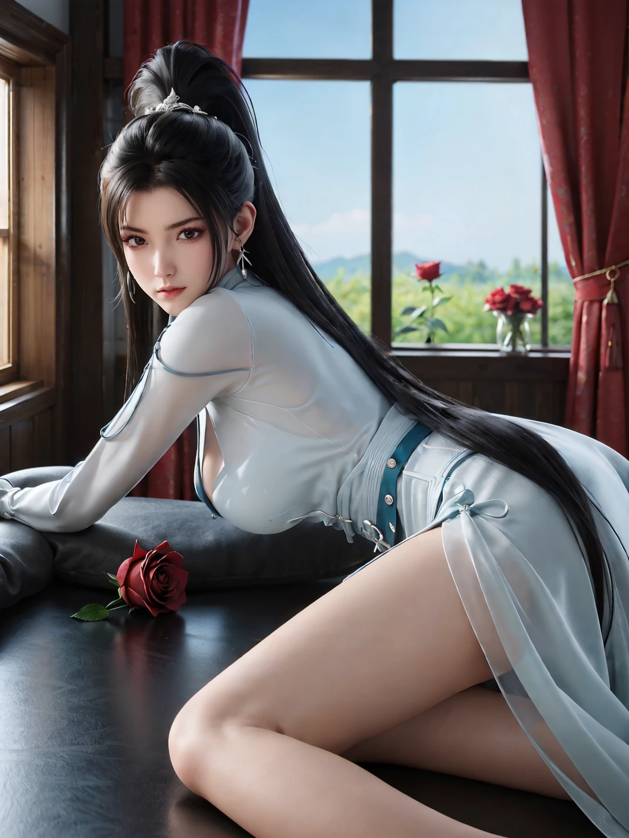 detail clothes,high detail,best quality,8k,absurdres,highres,
<lora:ningyao-gf:0.7>,ningyao,1girl,solo,dress,earrings,large breasts,hair ornament,black hair,closed mouth,expressionless,jewelry,(ponytail:1.1),long hair,(pale skin:1.3),(shiny skin:1.3),(white skin:1.3),looking at viewer,
living room,modern sense,glass vase,(red rose:1.2),perfect light,shiny,glowing,(blight:1.4),shiny,window,morning,
(lying:1.1),(side slit:1.2),(bare legs:1.2),