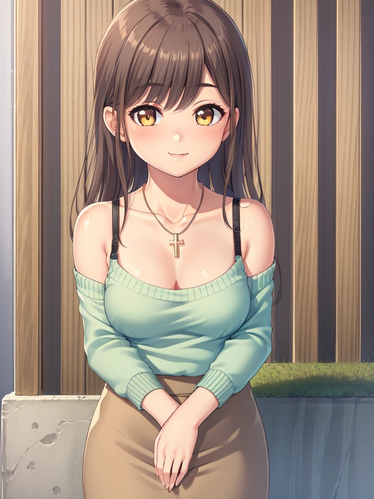 ((masterpiece)),(best quality),official art,extremely delicate and beautiful,extremely detailed CG,unity 8k wallpaper,ultra detailed,beautiful detailed eyes,extremely detailed face,outdoors,1girl,solo,upper body,looking at viewer,facing viewer,smile,blush,Sayama Yuuko,long hair,brown hair,sidelocks,swept bangs,yellow eyes,collarbone,bare shoulders,jewelry,cross necklace,black bra strap,green sweater,long sleeves,medium breasts,brown skirt,pencil skirt,white socks,high heels,white footwear,<lora:Sayama Yuuko(sr):0.8>,