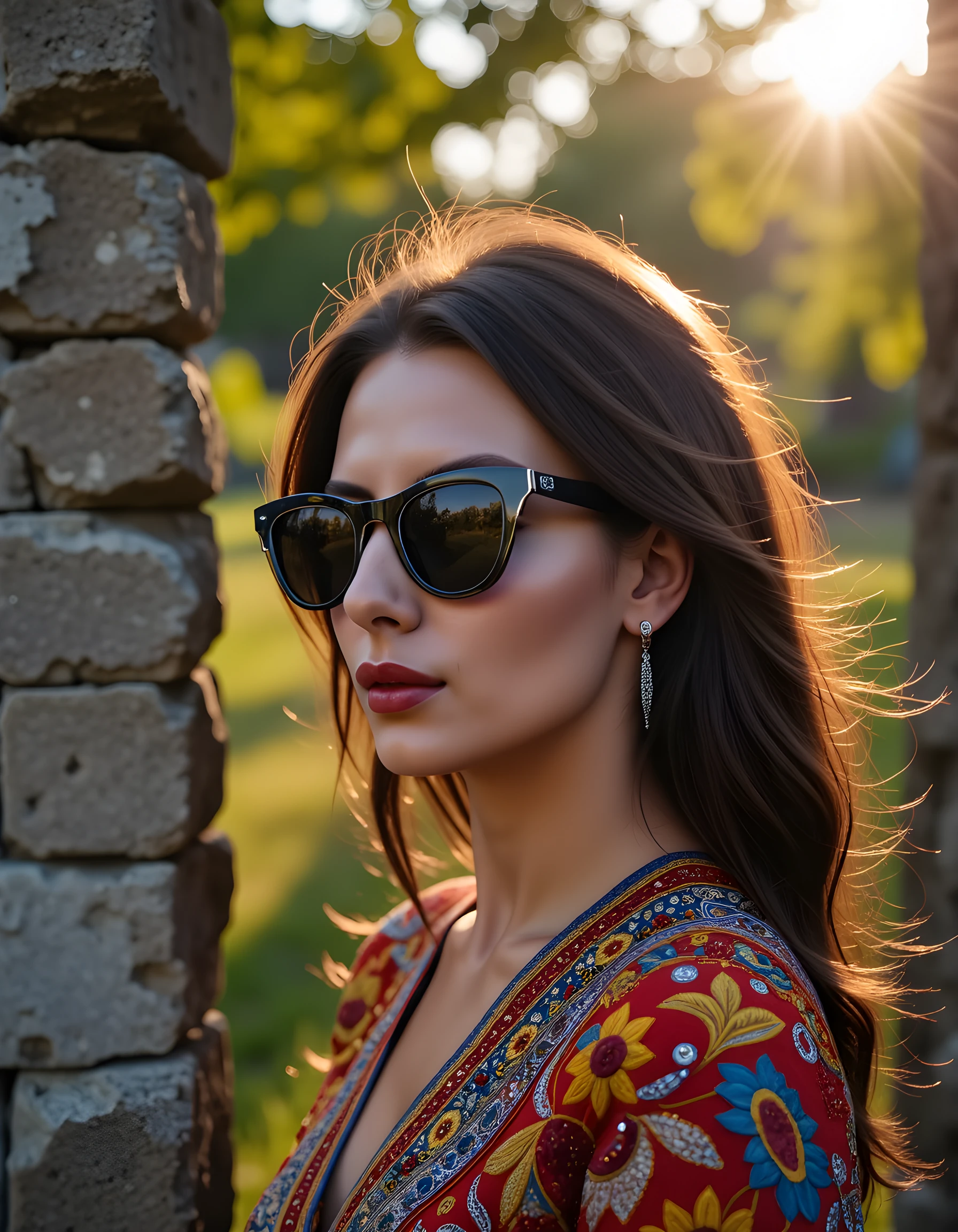 A close-up, high-definition image captures LUB4U, a striking woman with raven-black hair cascading down her shoulders, wearing a vibrant, intricately patterned ethnic shirt adorned with silver beadwork and embroidery. Her eyes are hidden behind large, cat-eye sunglasses, yet her full, luscious lips, painted a deep red, remain expressive as she gazes into the distance, a small diamond stud in each ear glinting in the golden sunlight that filters through the dense canopy of ancient trees surrounding an abandoned stone ruin. The soft, warm light creates dramatic shadows and highlights on her chiseled features, while a delicate tendril of hair falls across one eye, adding an enigmatic air to the captivating portrait.