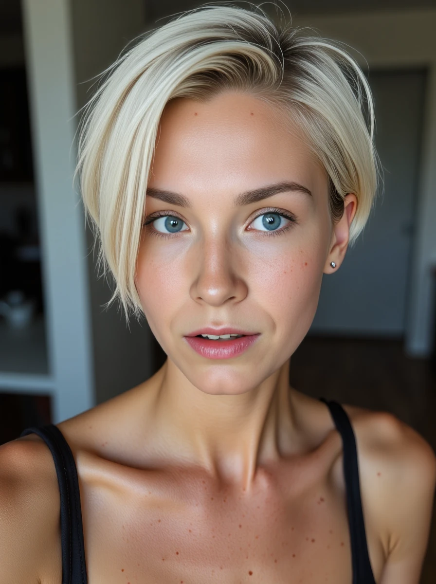 amateur full body photo of a woman, she has sleek short platinum-blonde hair with a side-swept style, her skin has a high detailed texture and shows details like moles, small hairs and pores. Her expression is aroused. Set inside, with natural lighting. <lora:clairelora-000012:1>