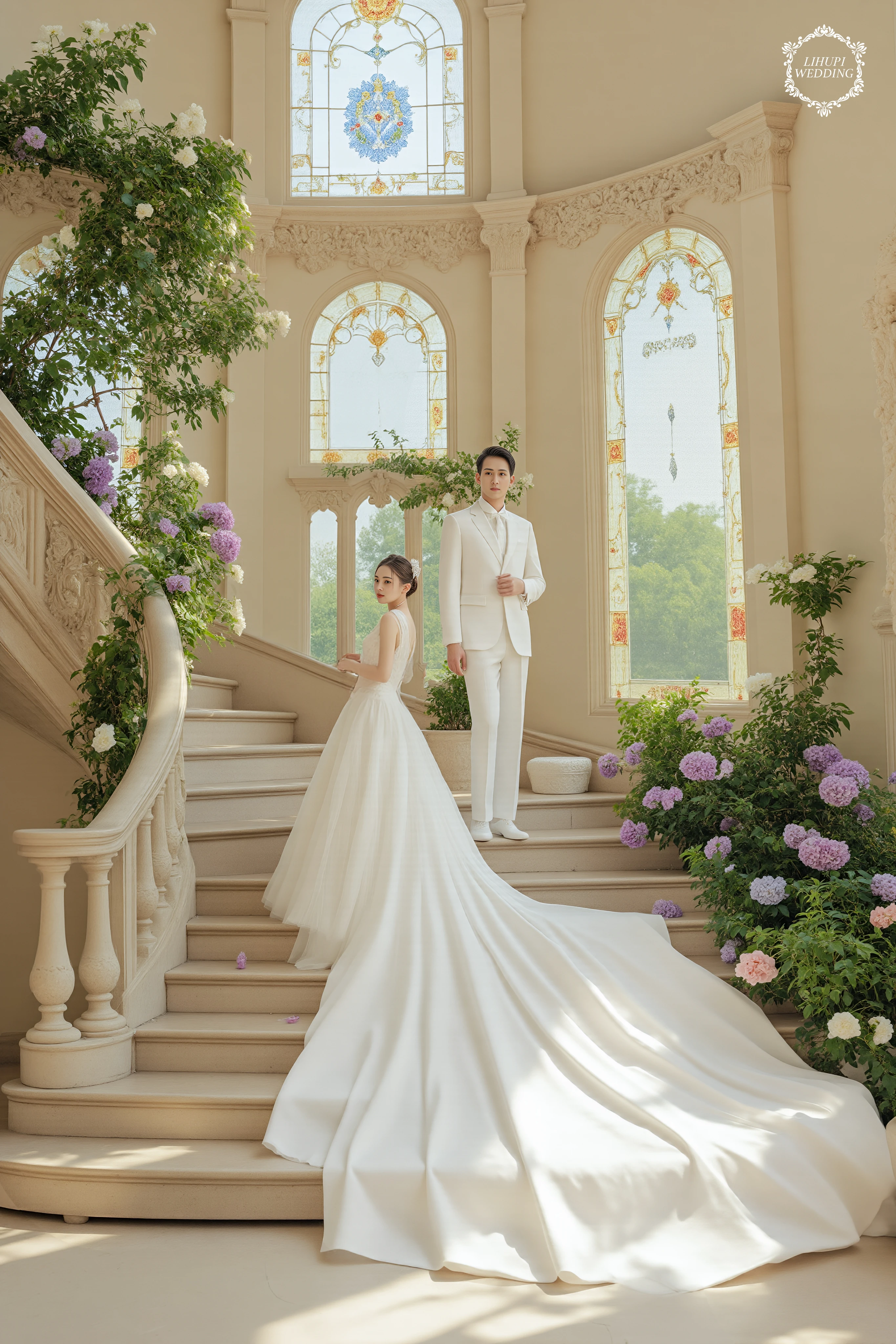 (8k, RAW, high detail, masterpiece, highest quality),rich color,(((high contrast))),This entire wedding photo set brings an extremely romantic and magical scene,as if coming out of a fairy tale. The groom and the bride are standing on the stairs on the left of the frame. The bride is wearing a pure white wedding dress,the skirt is long and flared,creating a charming and noble beauty. The dress is designed with exquisite details,it can be lace or exquisite hand embroidery. Her hair can be neatly tied or loose,combined with a small flower wreath or decorative accessories. The groom stands confidently next to the bride,choosing a suitable white suit,can add a luxurious bow or tie. The neat and well-fitted suit highlights elegance and masculinity. Classical architecture,with stairs going up and down in the distance,Curved railings,with artistic beauty and meticulous carvings,on both sides of the large curved staircase leading to the upper floors. The soft light from outside shines in,creating a bright but gentle scene. The pale yellow light penetrates through the stained glass windows,highlighting the palace motifs and the couple's white outfits. The windows and railings are decorated with purple and green climbing flowers,stretching throughout the space,creating a harmony of freshness and bright colors. At the feet of the couple are a few newly fallen rose petals,creating a natural and poetic feeling. The arched windows are made of stained glass,with classical motifs,each window reflects sparkling colors when the sunlight shines through. The meticulously carved stone pillars and arches in the palace,with classical decorative details,create a sense of majesty and magnificence. A lavish royal scene combined with the poetic beauty of nature,all are wonderful.,