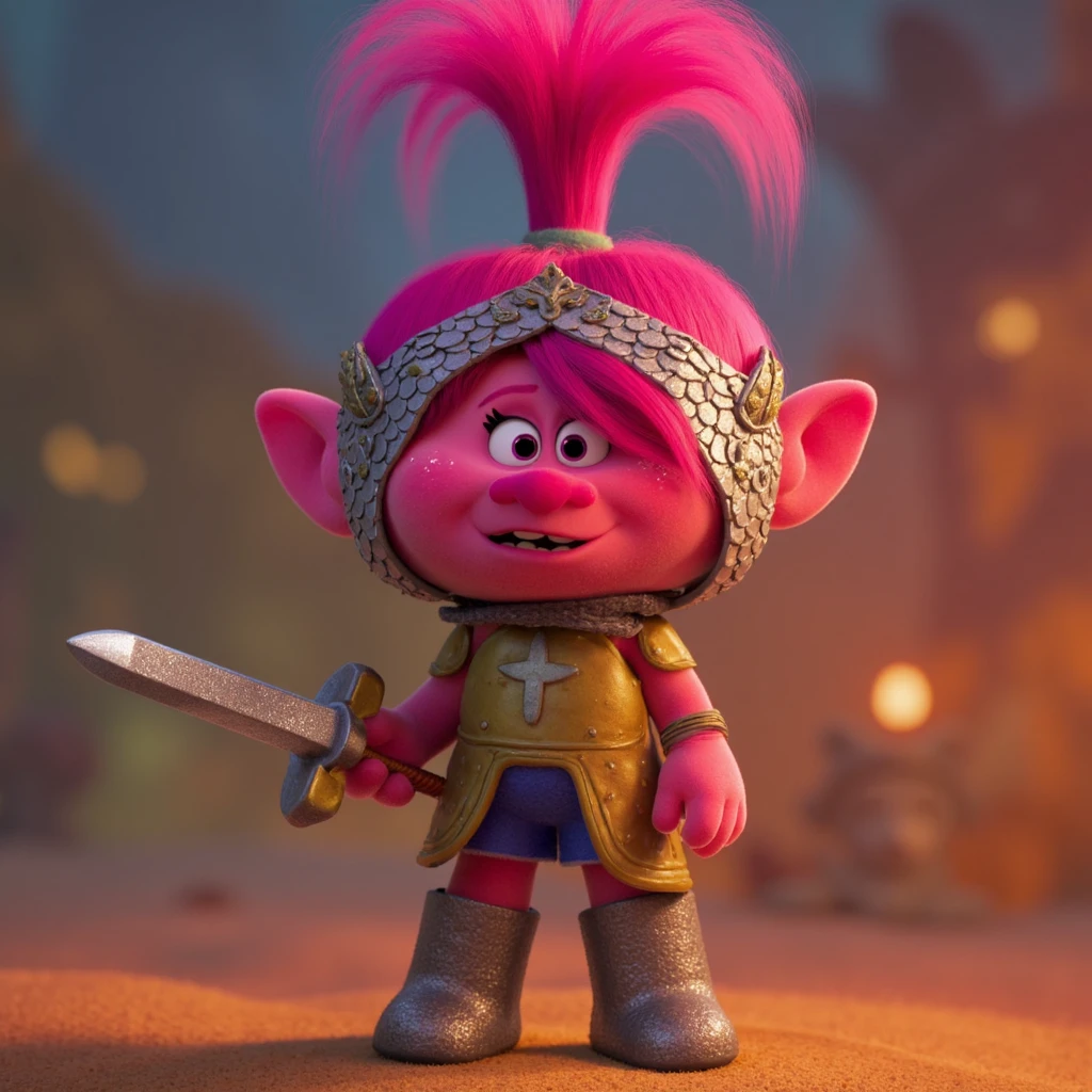 A still from the trolls series of movies of Poppy wearing armor and holding a sword. She's in a battle   <lora:Trolls_Flux_New_Captions:1>