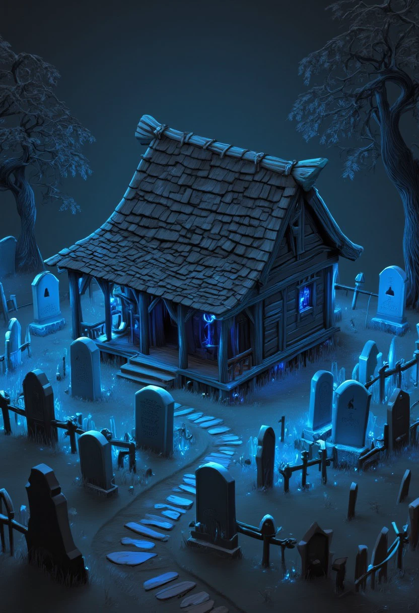 ((masterpiece, best quality)), absurdres, StylizedSetting, 
old wooden shack, spooky graveyard, graves, glowing blue lights,