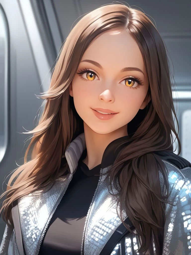 <lora:K4t3S4m_pdxl_v10:0.8>, K4t3S4m, 1girl, solo, long hair, looking at viewer, smile, upper body, Sequin Fringe Jacket, space elevator, masterpiece, best quality, highly detailed, score_9, score_8_up, score_8, semi-realistic, photorealistic, <lora:add-detail-xl:0.9>, zPDXLrl, realistic eyes, hyper realistic eyes, pretty eyes,